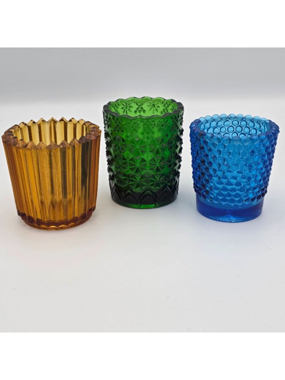 Set Of 3 Vintage Pressed Glass Votive Holders Amber Green Blue Hobnail Textures
